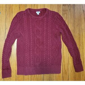 LL Bean Sweater Womens Medium Cable Knit Fisherman Maroon Sparkle Specks